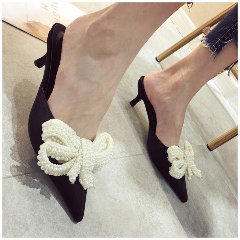 pearl decorated butterfly bow knot pointed toe med heel mules slip on