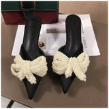 pearl decorated butterfly bow knot pointed toe med heel mules slip on
