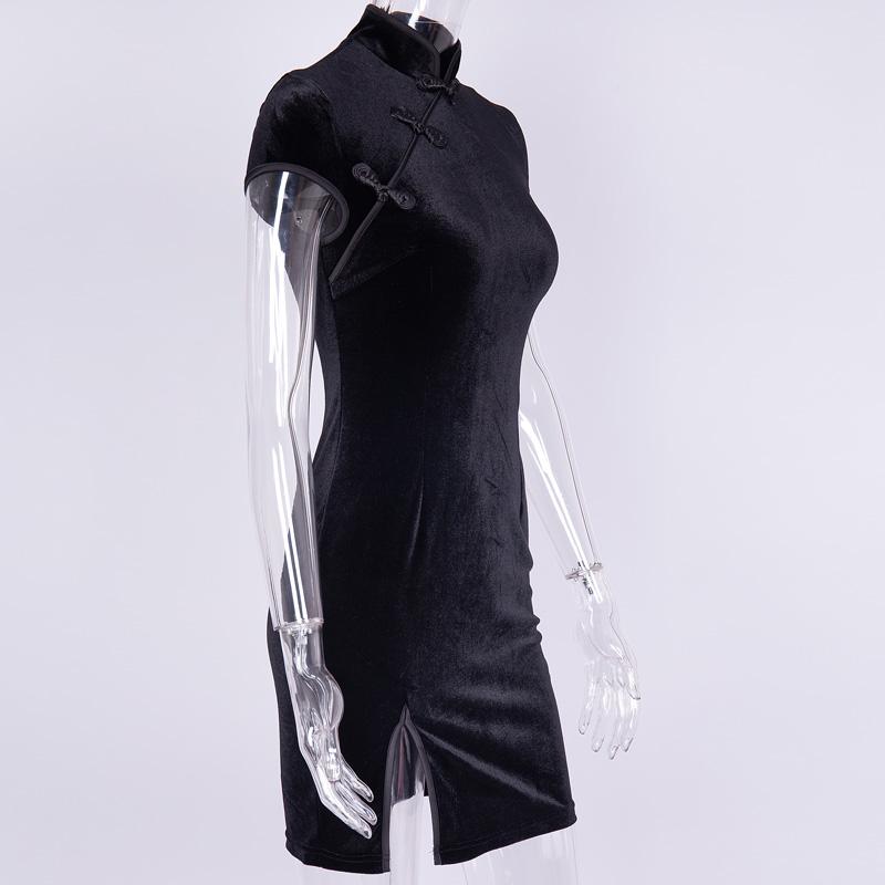 velvet stand collar short sleeve split bodycon dress