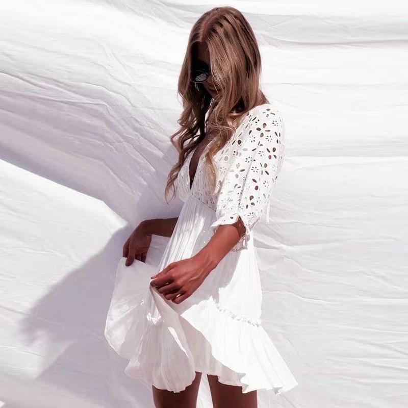 embroidery lace cotton half sleeve backless casual dress