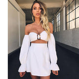 off shoulder bandeau top long flare sleeves two piece dress