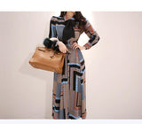 vintage print bow single breasted long sleeve swing maxi dress