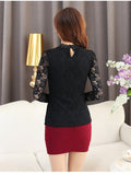 hollow out long sleeve stand collar floral lace blouse