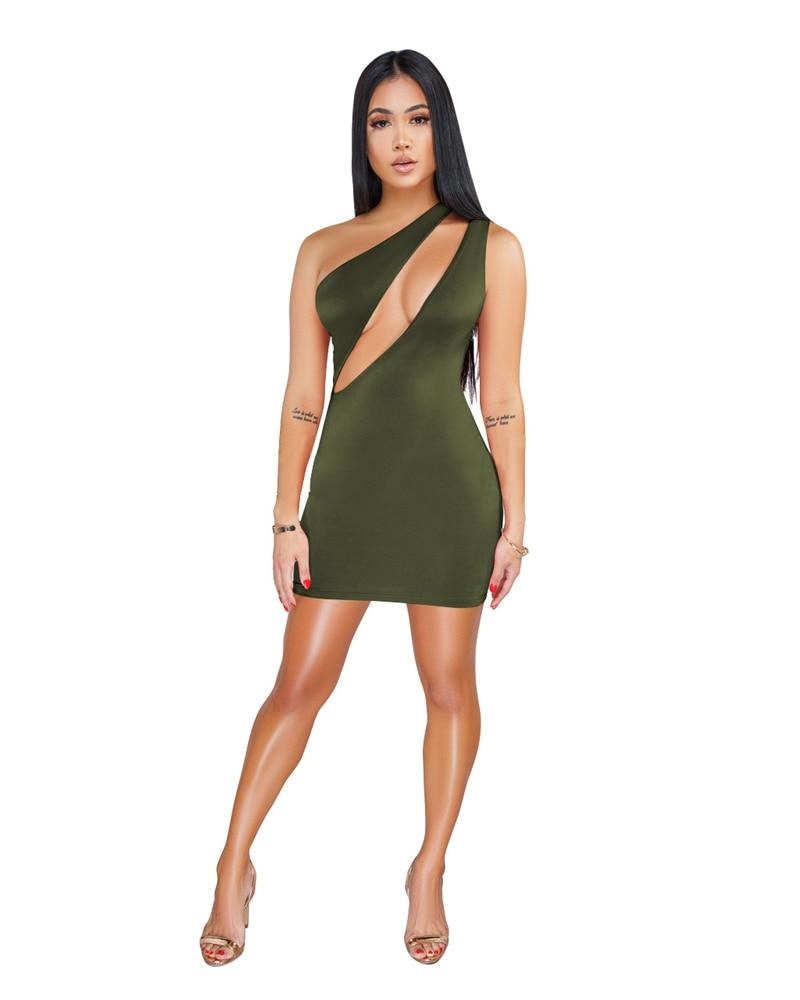 solid hollow out one shoulder mini bodycon dress