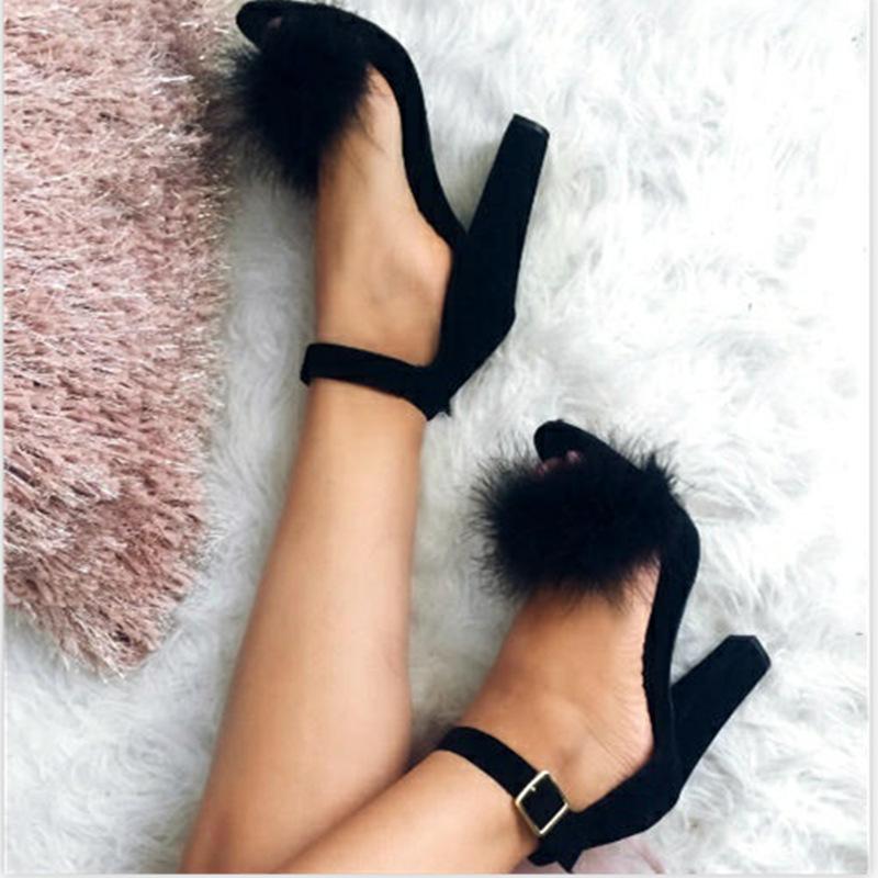 leather fur flock buckle strap thick square heeled sandals