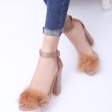 leather fur flock buckle strap thick square heeled sandals