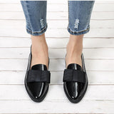 bowtie detail patent leather pointed toe low thick heel loafers