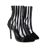 pointed toe thin high heels striped pvc transparent ankle boots