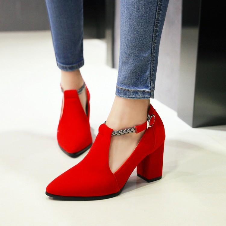 elegant pointed toe braided buckle strap square high heel shoes