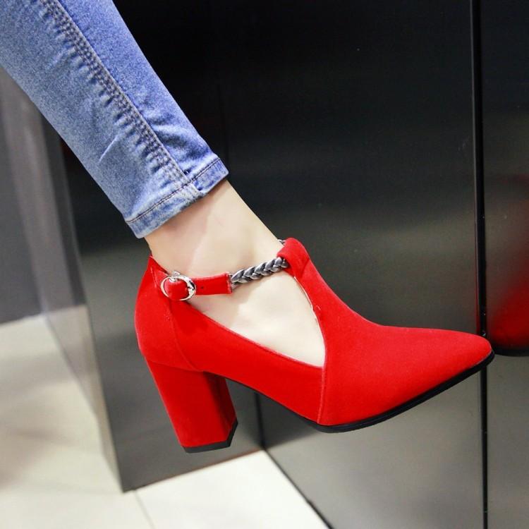 elegant pointed toe braided buckle strap square high heel shoes