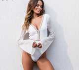 deep v neck flare long sleeve hollow out bodysuit