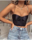 ribbed push up metal chain satin bustier crop top