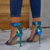 holographic serpentine peep toe buckle strap ankle wrap high heeled sandals