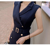 notched collar double breasted sleeveless high waist belted bodycon dress