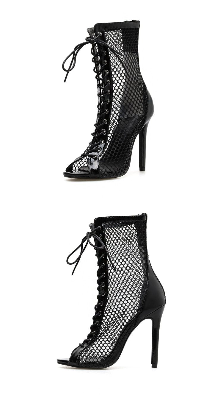 fishnet mesh peep toe zipper thin heels ankle lace up boots