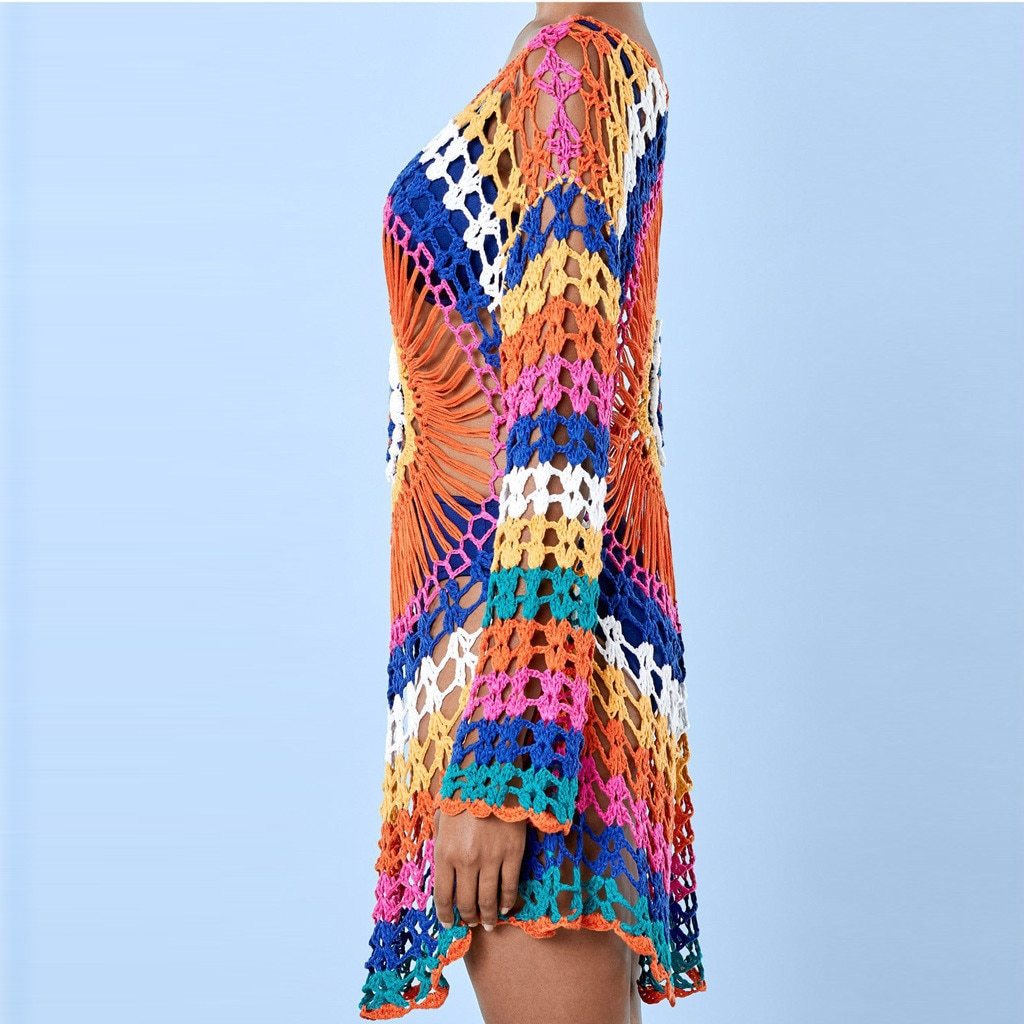 fishnet crochet o neck long sleeve bikini cover up