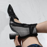 plaid pu leather buckle pointed toe square heel ankle boot