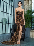 off shoulder cross leopard print chiffon high split maxi dress