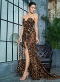 off shoulder cross leopard print chiffon high split maxi dress