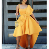 bow tie flare pleated dip hem party dress