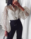 sheer polka dot mesh long puff sleeve turn down collar blouse