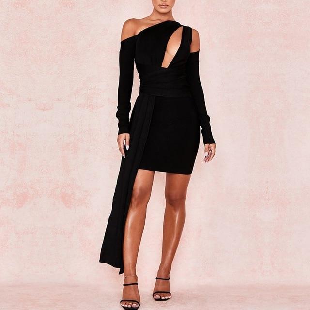hollow out one shoulder long sash decor long sleeved bodycon dress