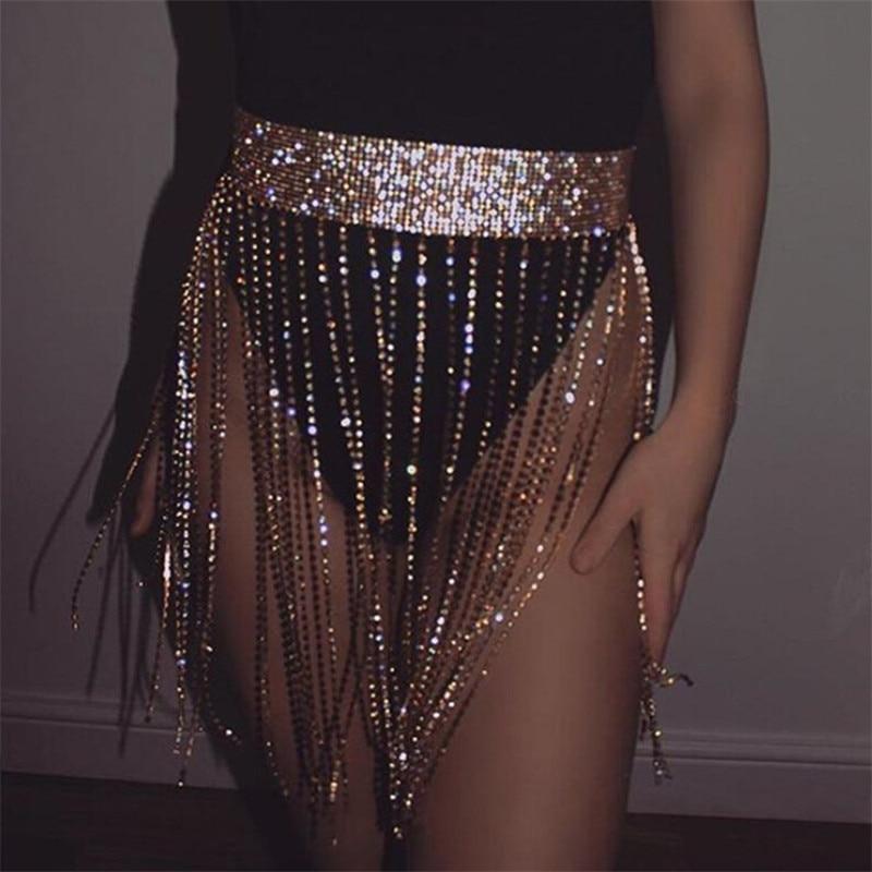 luxury bling rhinestone crystal chain long tassel fringe skirt belt