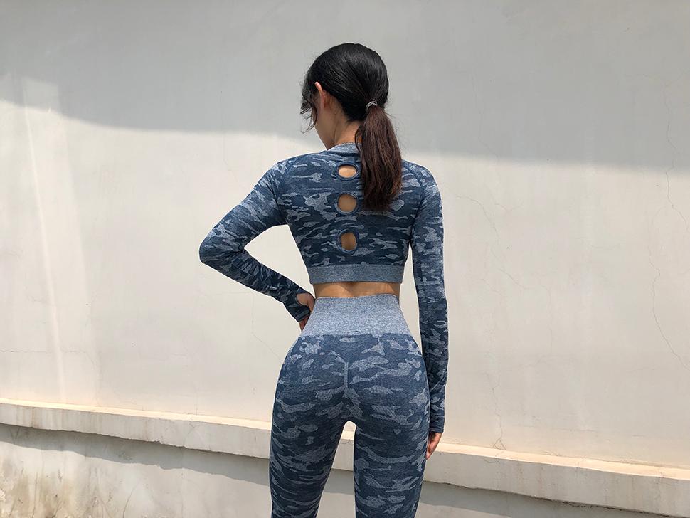 camouflage pattern hollow out back long sleeve seamless sportswear