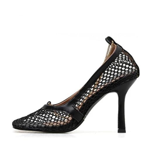 square toe high heel chain mesh pump shoe