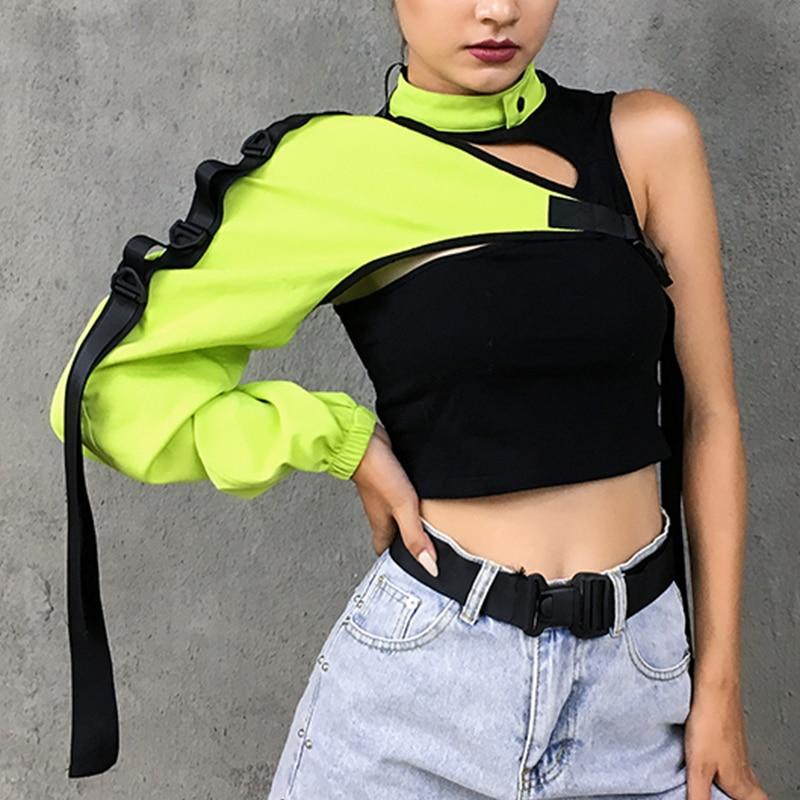 choker collar one shoulder with buckle reflective crop top