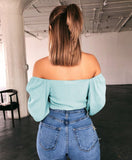 off shoulder bow tie chiffon long sleeve pullover crop top