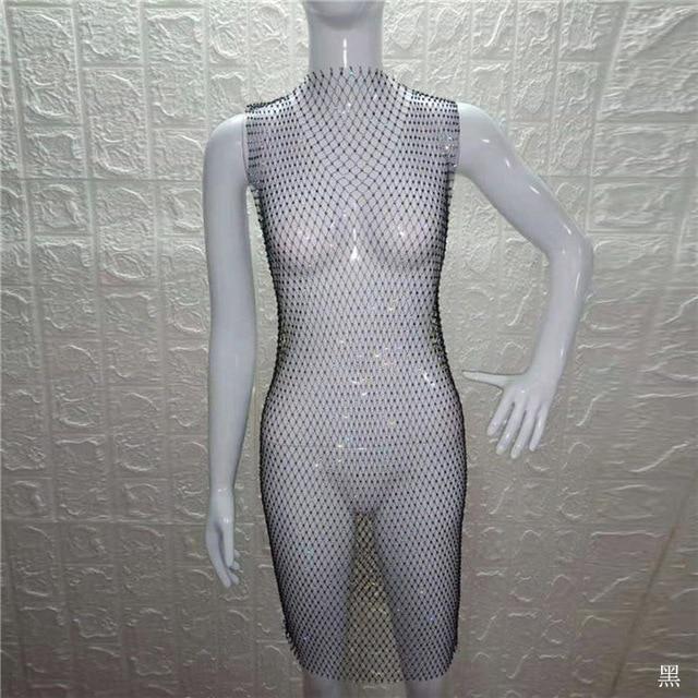 fishnet bling crystal grid o neck sleeveless cover up