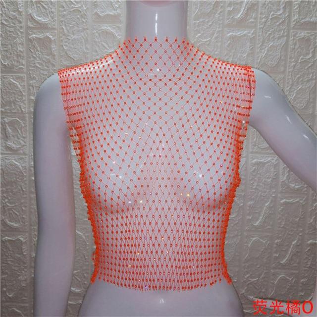 shiny rhinestone see through grid patchwork hollow out sleeveless crop top