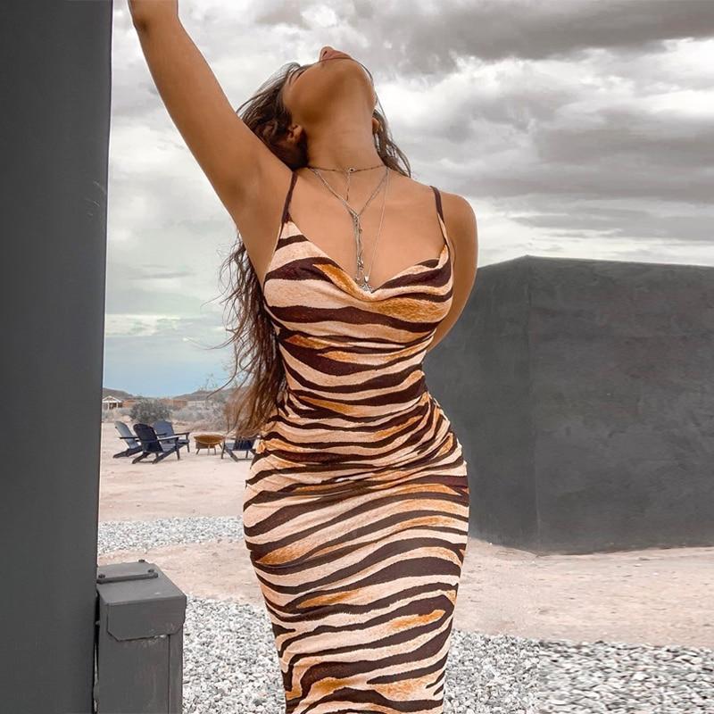 print zebra draped spaghetti strap sleeveless bodycon dress