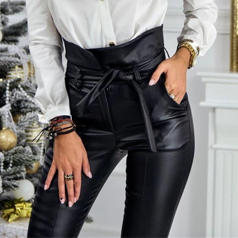 pu leather faux sashes belt high waist long pant
