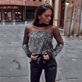 mesh patchwork long sleeve sequin blouse