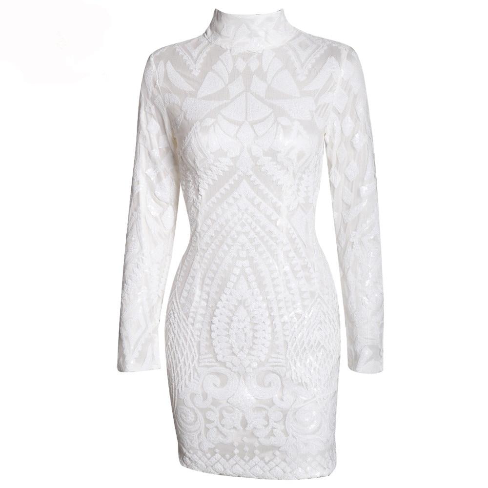 solid high neck long sleeve mini bodycon sequin dress