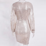 hollow out tassel sleeve v neck elastic bodycon sequin dress