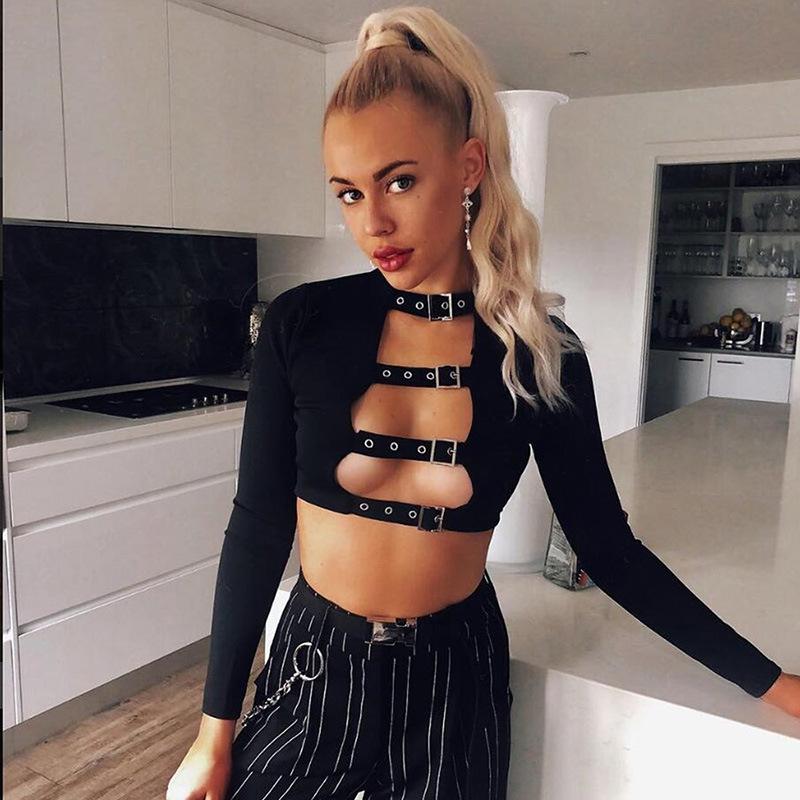 hollow out buckle long sleeve crop top