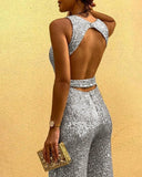 round neck sleeveless backless sequin jumpsuit with belt