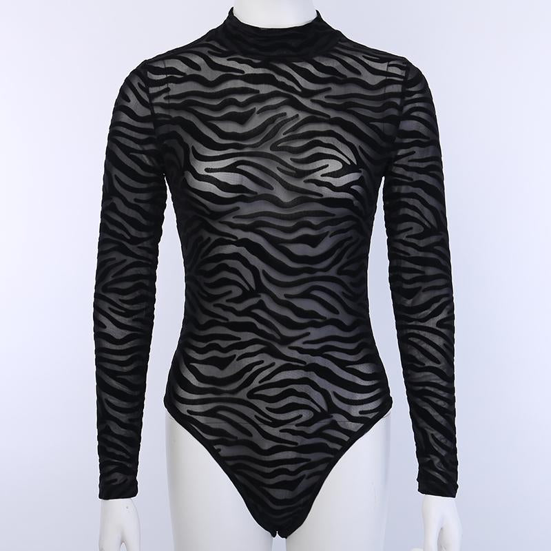 stripe print long sleeve mock neck see through bodysuit