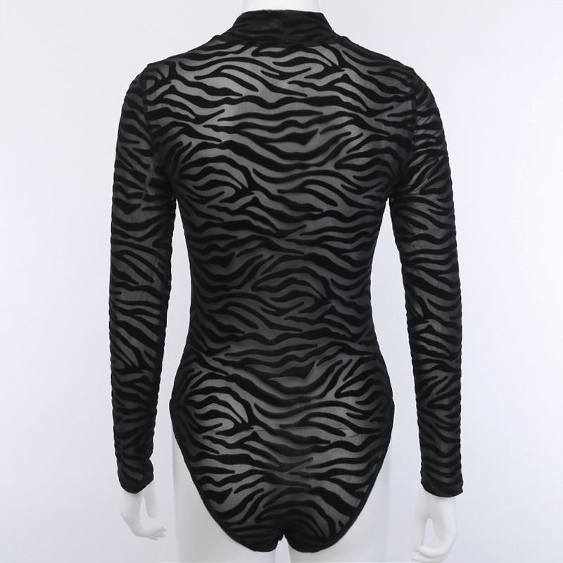 stripe print long sleeve mock neck see through bodysuit
