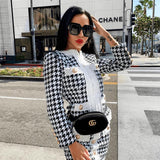 plaid long sleeved button two piece dress