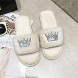 sequin crown on faux fur open toe flat slippers