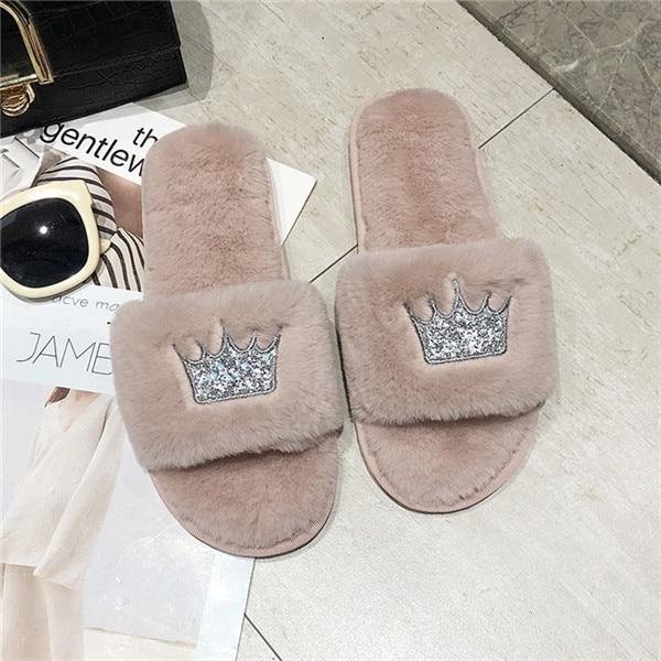 sequin crown on faux fur open toe flat slippers