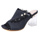 fish mouth with denim crystal thick high heel sandal