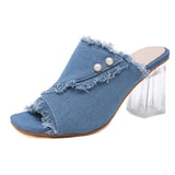 fish mouth with denim crystal thick high heel sandal