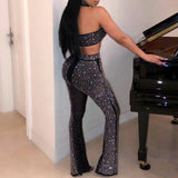 two piece rhinestone strapless crop top and wide leg pants with choker jumpsuit