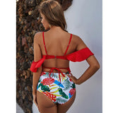 cross ruffle off shoulder floral high waist swimwear