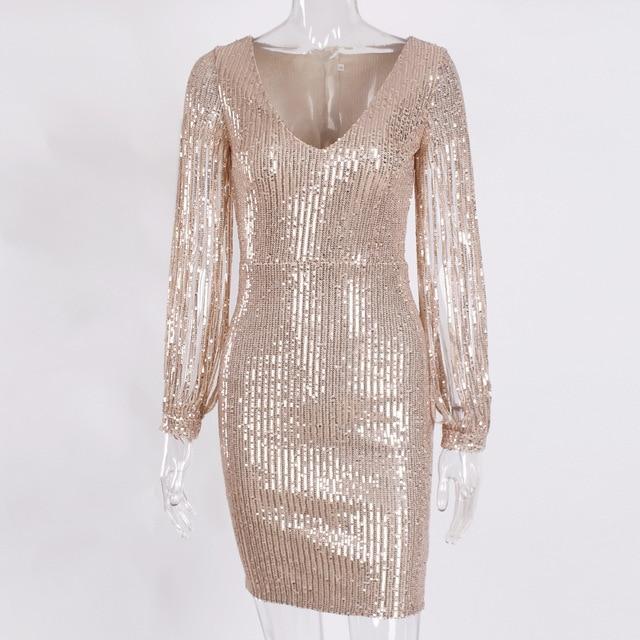 hollow out tassel sleeve v neck elastic bodycon sequin dress